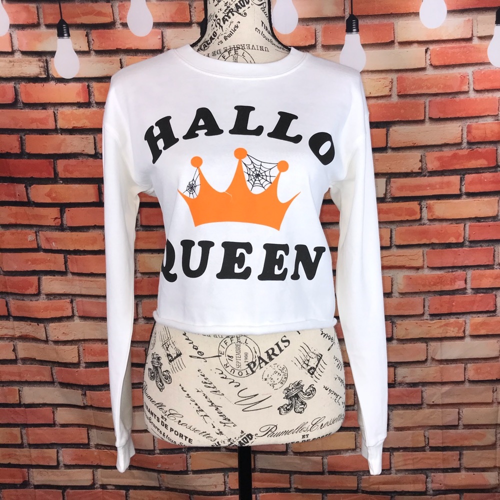 Freeze “Hallo Queen” Women’s Halloween Tiara Cream Crop Top Sweatshirt Size M